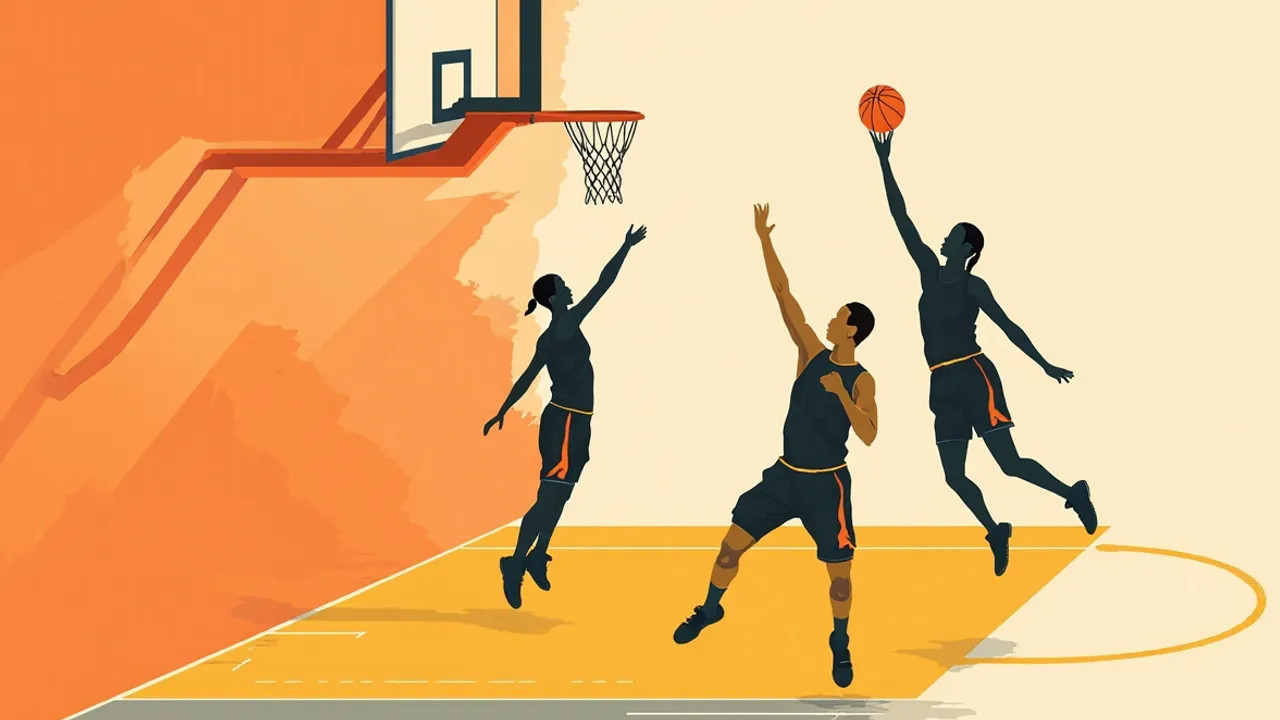 Flat silhouettes of a female forward rising for a layup at a hoop, with a defender contesting and a coach on the sideline, on a marked basketball court.