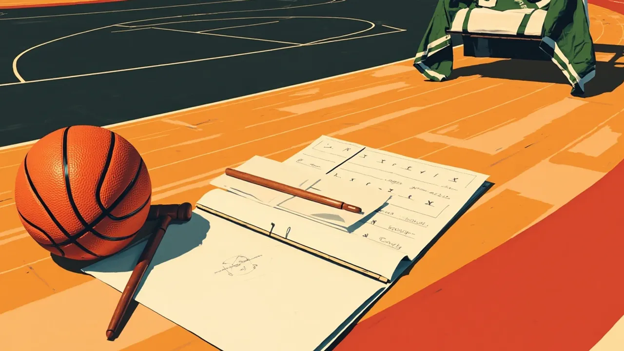 Gros plan sur une table de marque avec un ballon de basketball, un marteau posé sur une planche tactique et un bulletin de vote, avec un panier et un terrain vide en arrière-plan.