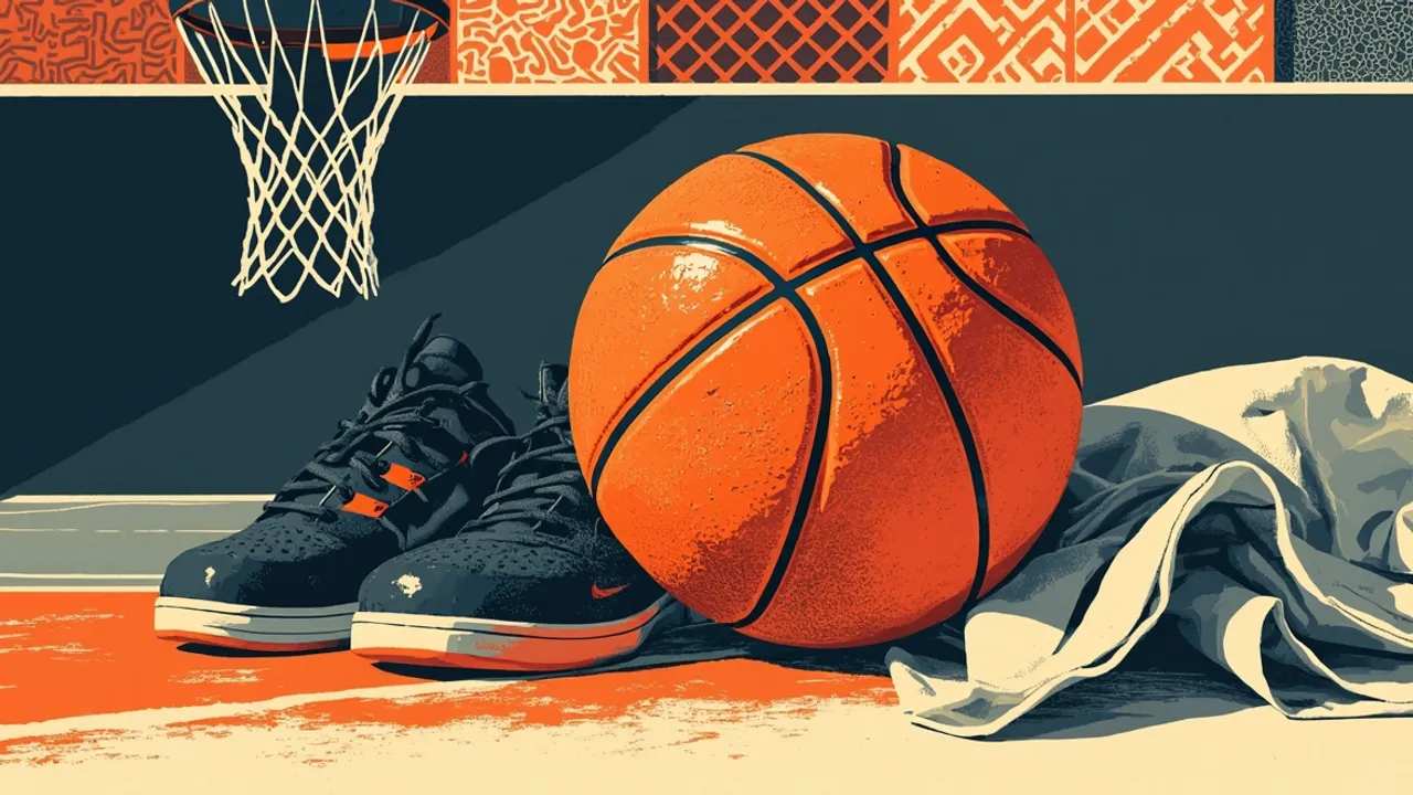 A basketball, court shoes and a towel sit beside a hanging net against a bold patterned backdrop.