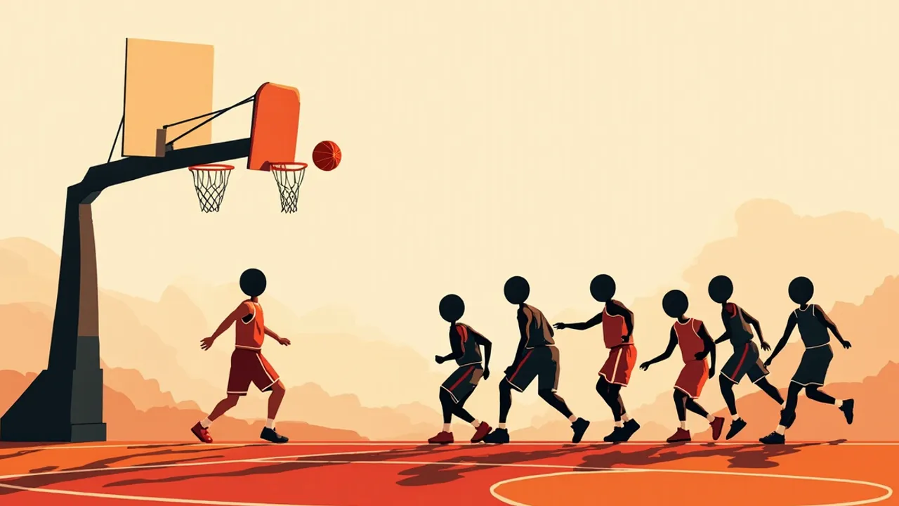 A faceless coach silhouette directs play with a clipboard at a sideline bench where a basketball rests and sneakers are being laced, a hoop and net looming at the court edge.
