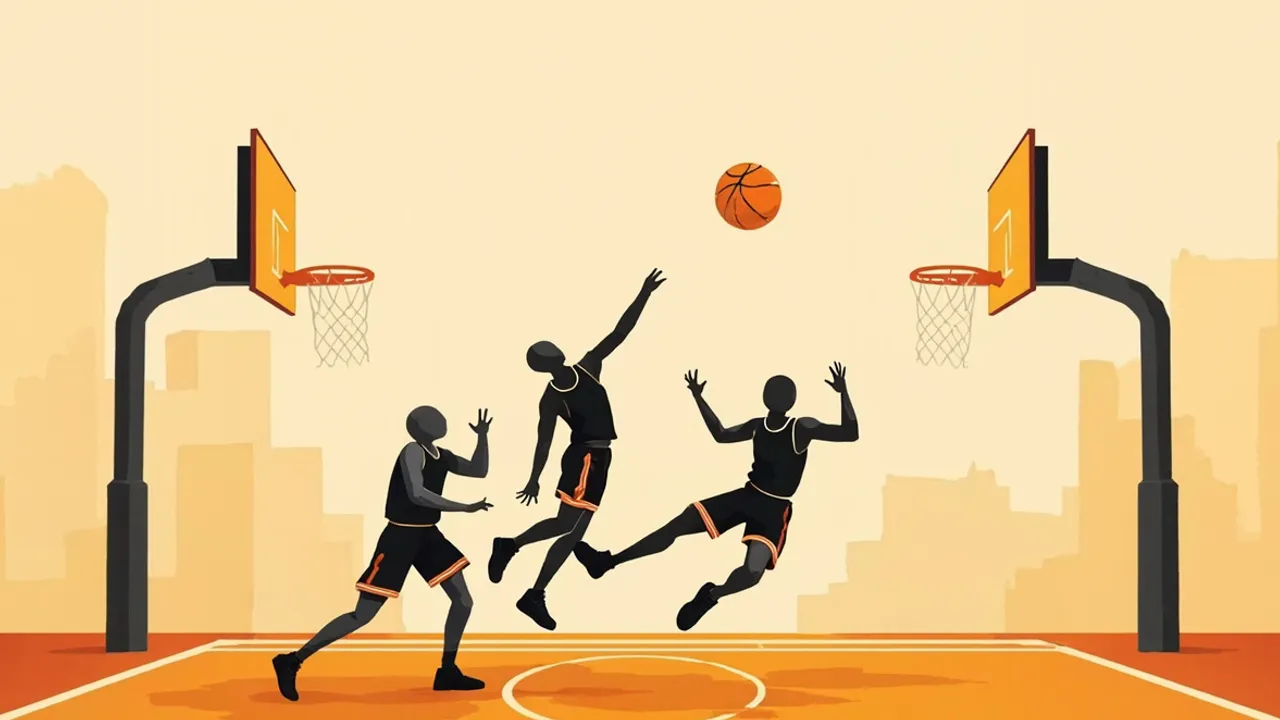 A faceless basketball shooter releases a contested buzzer-beating shot near the hoop as three players occupy the court.