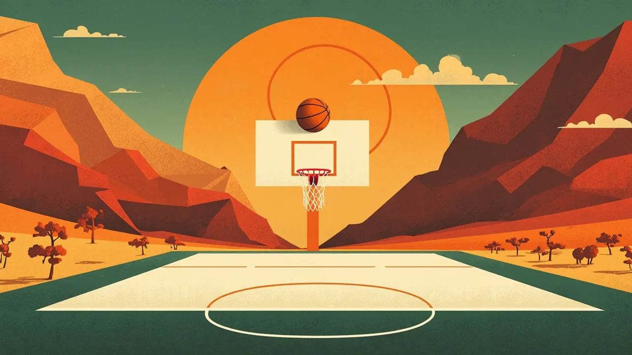 Un terrain de basketball se trouve sur un plateau est-africain tandis qu’un ballon orange décrit un arc au-dessus du panier entre deux sommets abstraits.