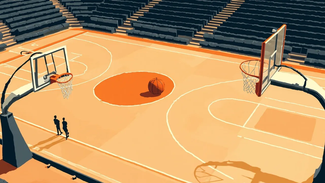 Un maillot de basketball vert et or sans visage sur un cintre avec un ballon de basket et un sac de voyage, représentant une nouvelle signature.