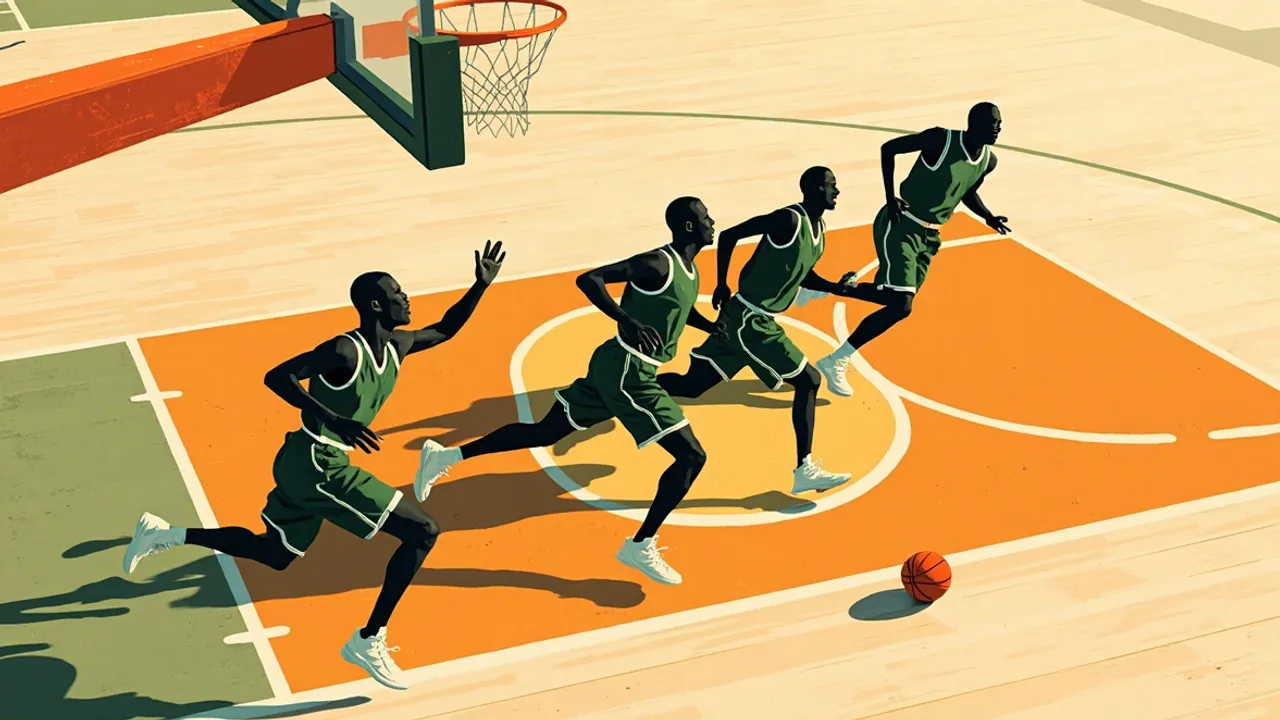 Four faceless shadow for green-and-white jersey, big for inside di frame, trap one ball-carrier near di hoop for lined basketball court, one orange ball dey bounce.