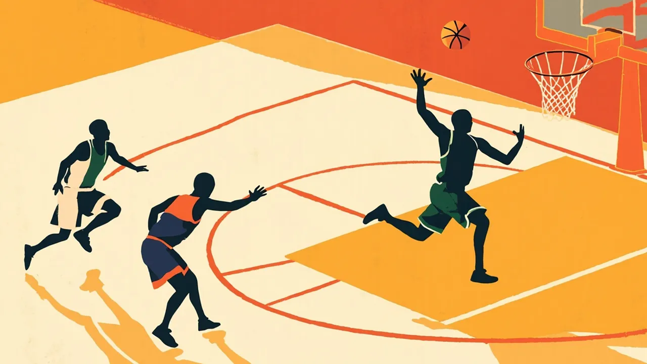 Des silhouettes plates sur un terrain de basket montrent un meneur en bleu marine qui déclenche un tir à longue distance au-dessus d'un défenseur en vert, le ballon filant vers le panier.