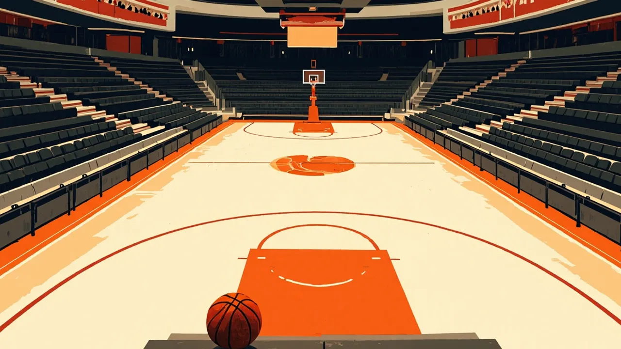 Salle intérieure vide vue des gradins, un ballon de basket posé sur la table des marqueurs à côté d'un marteau et d'un tableau de tournoi, avec huit bancs d'équipe alignés le long du terrain.