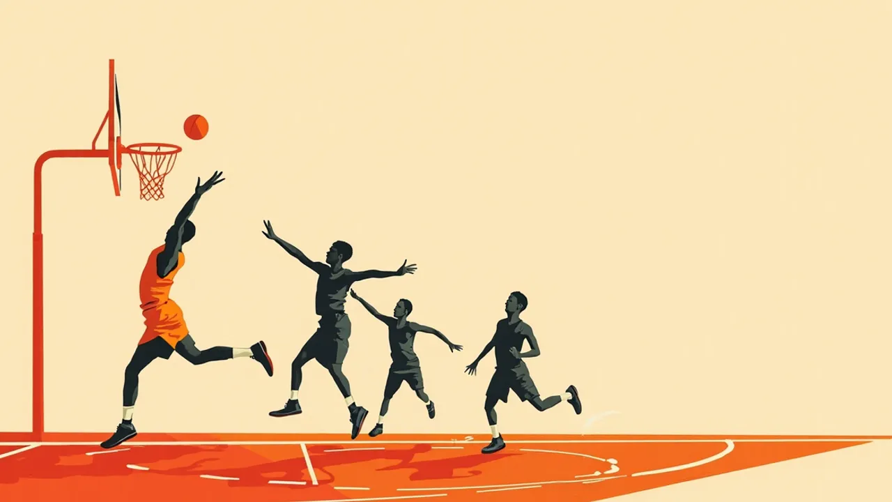 Illustration d'action représentant une grande silhouette sans visage qui shoote à mi-distance par-dessus deux défenseurs en plein saut sur un terrain de basket bien éclairé, avec une quatrième silhouette en retrait sur l'action.