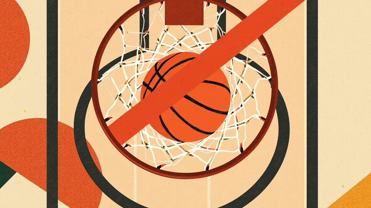 Basketball dey go through hoop and net wey dem cross out with big red diagonal bar, for patterned terracotta background, wey dey show say player no gree for betting deals.