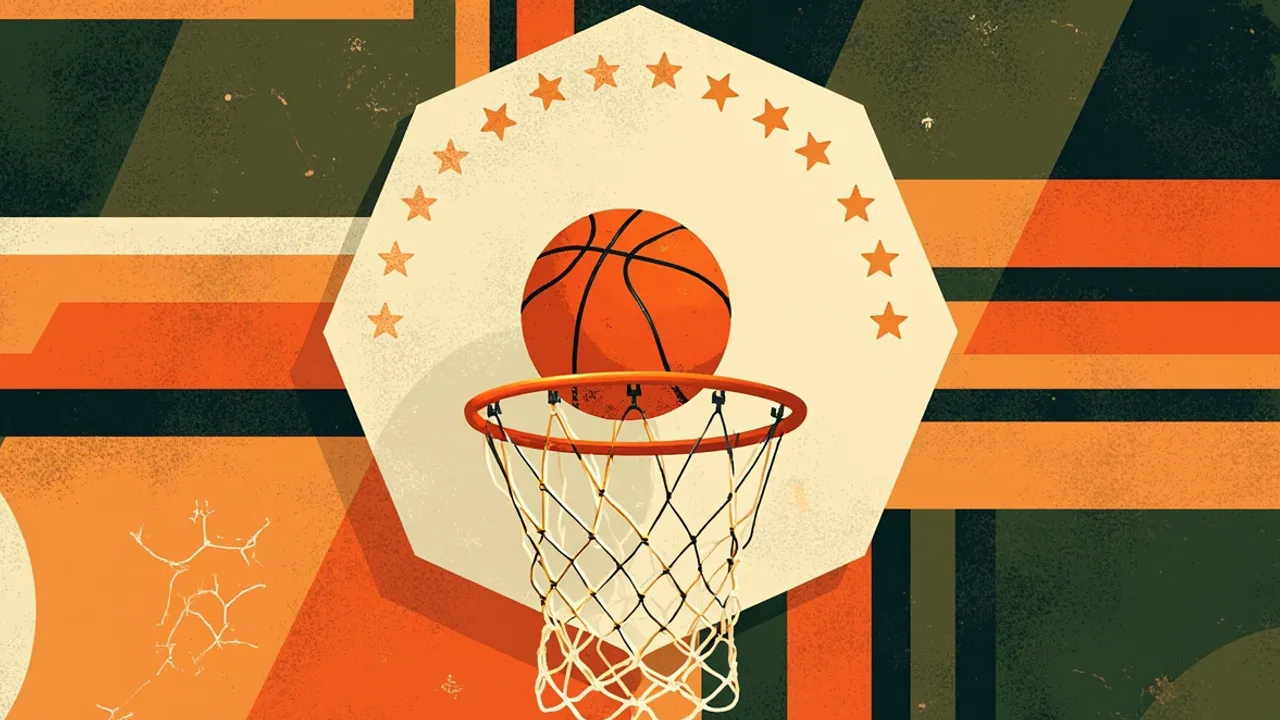 One geometric emblem show flat basketball drop through orange rim and net, surround by seven stars for patterned African textile background, to mark di open qualifying spots.