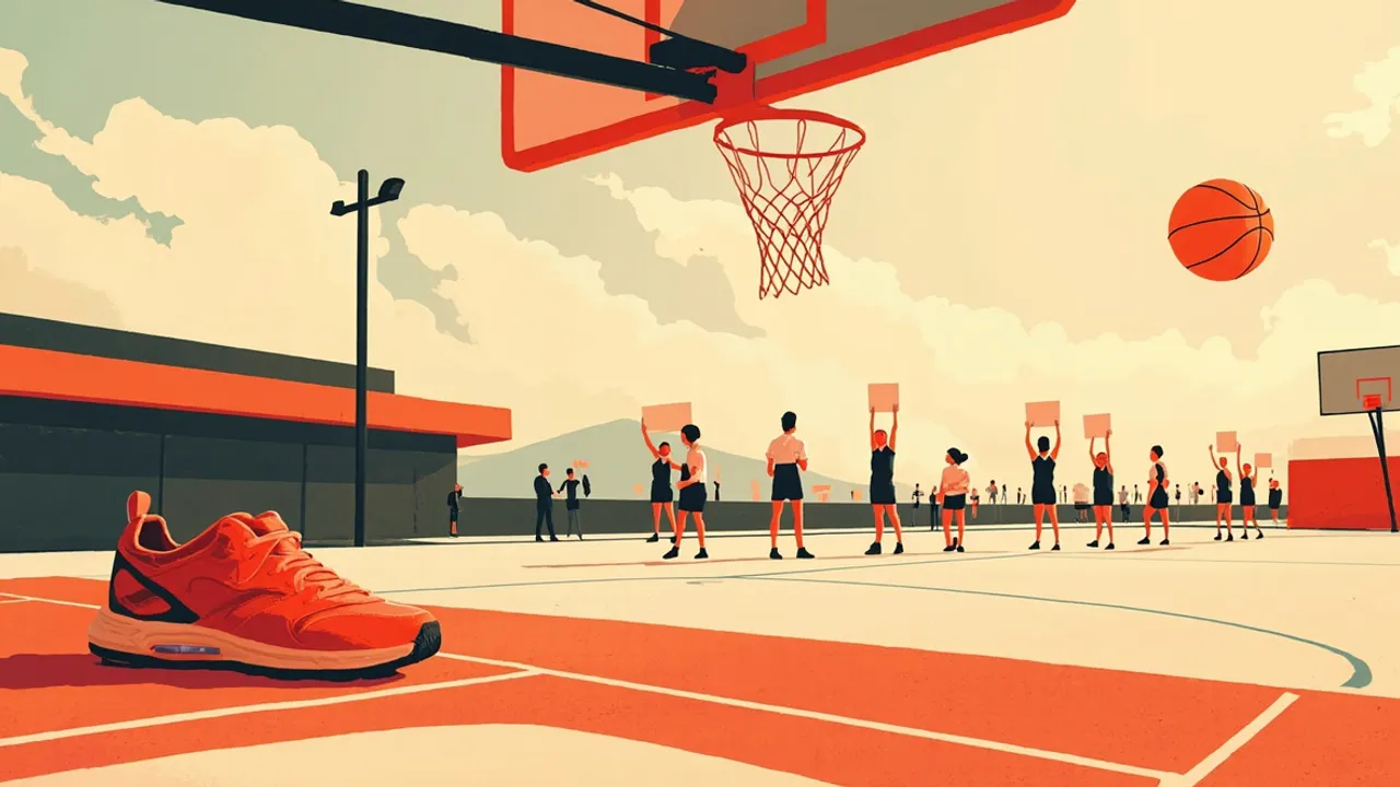 Low-angle illustration of a basketball hoop framing a march of faceless figures in black and white shirts carrying blank placards across an outdoor court.