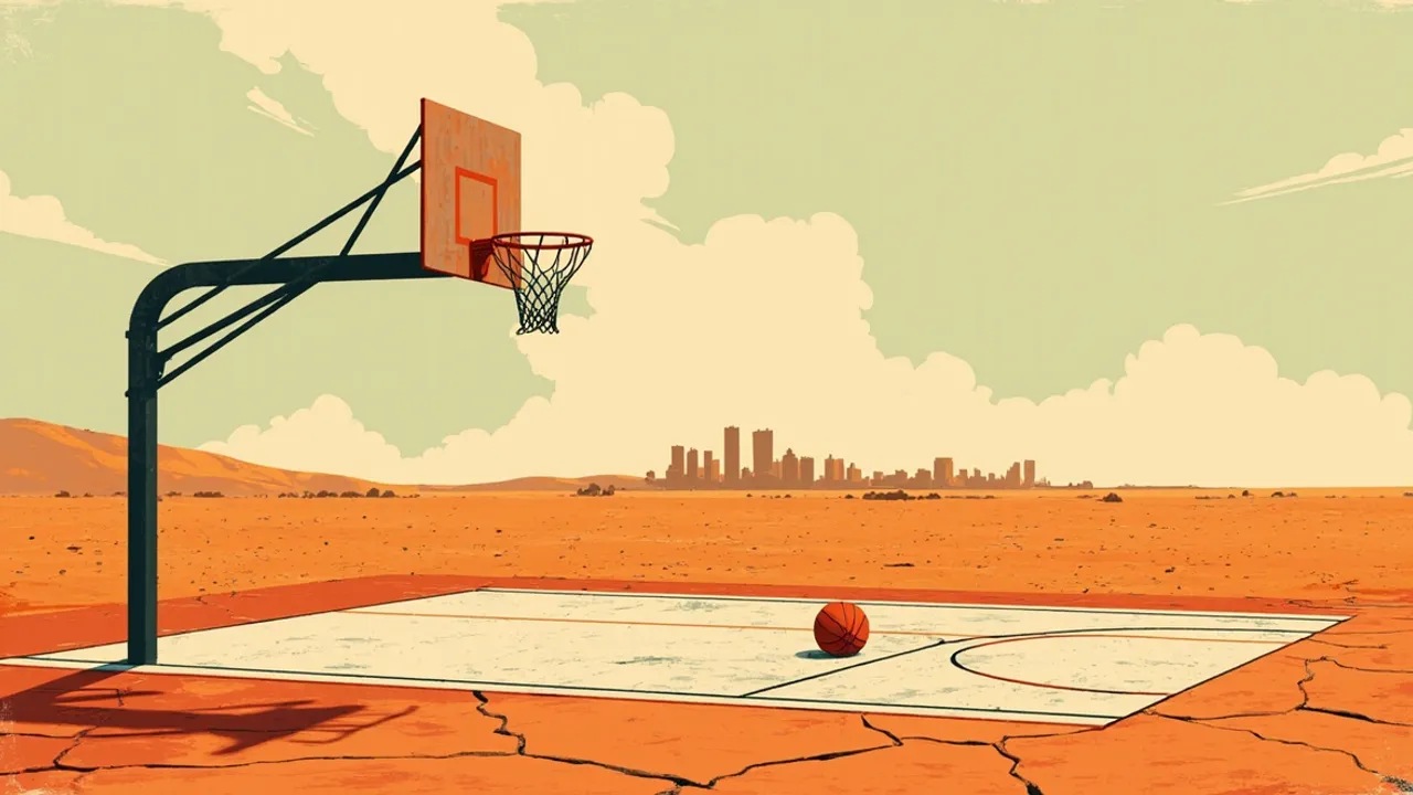Dry savanna land wit dusty city skyline, wey get one cracked outdoor basketball court wit one basketball hoop wey don tilt, and one basketball ball just dey rest for the key, like say di game don stop.