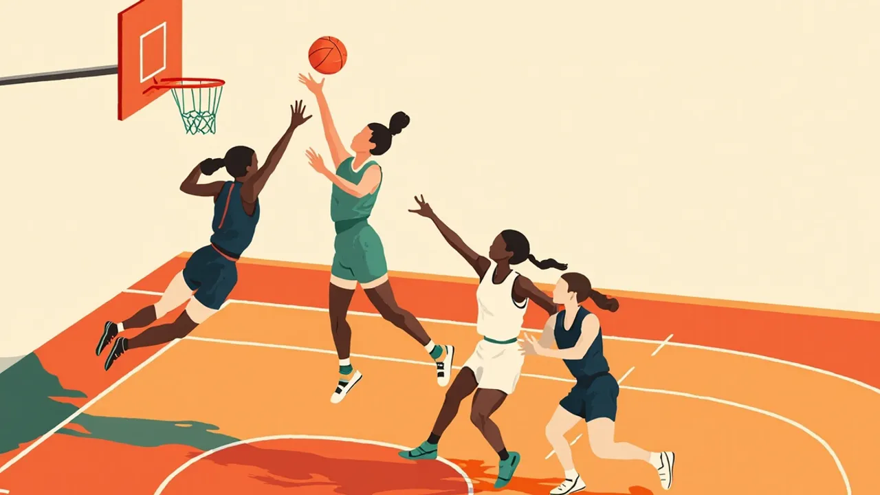 Deux joueuses sans visage s’élancent vers un panier pour un shoot contesté sur un terrain de basketball intérieur, au début d’un tournoi de finales.