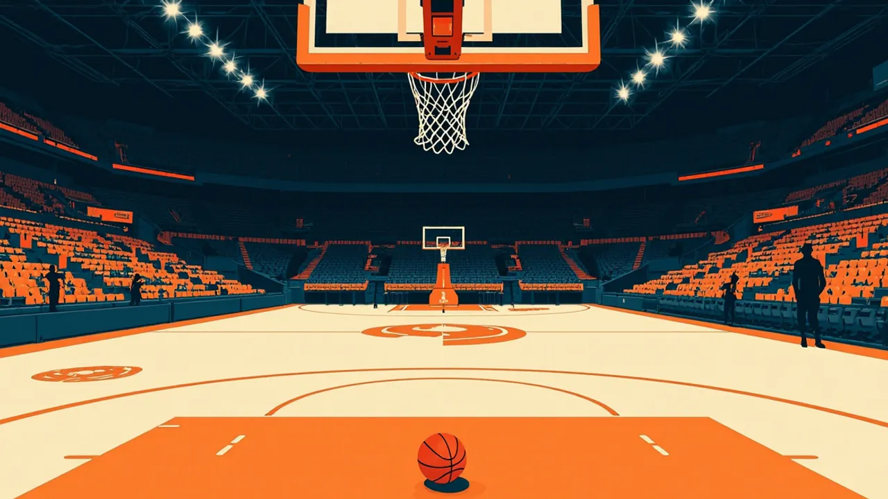 Une salle intérieure bondée, vue sous un grand panier, avec deux silhouettes éloignées et un ballon de basket au centre du terrain.