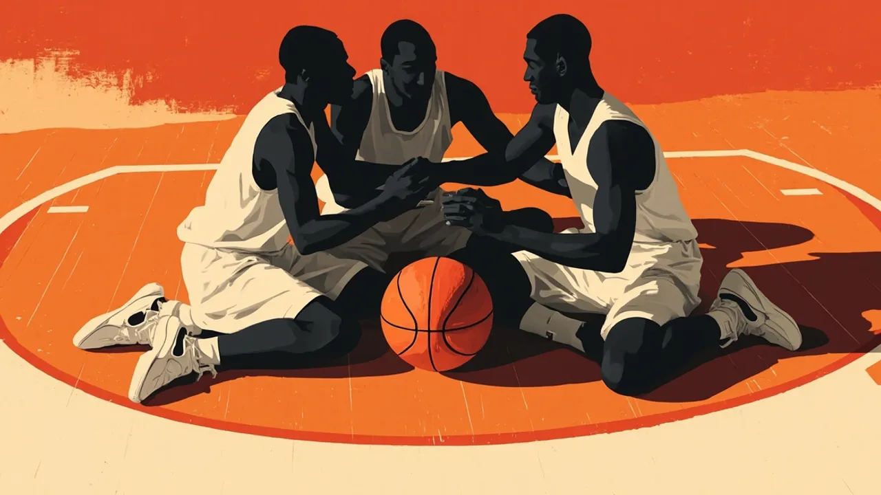 Nature morte sur un parquet de basket : un ballon posé à côté d'un tableau tactique, avec trois silhouettes de joueurs sans visage regroupées et un panier en arrière-plan, illustrant la complicité d'équipe en train de se créer.